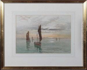 Fishing Boats At Sunset by Edward John Duval