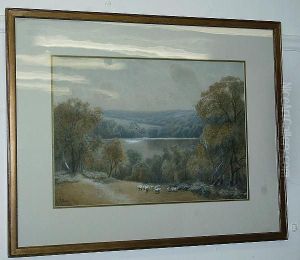 A Country Landscape With Sheep And A Lake In The Background by Edward John Duval