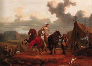 Travellers Asking Directions On A Country Track; And Elegant Ridersat A Gypsy Encampment by Eustache Francois Duval