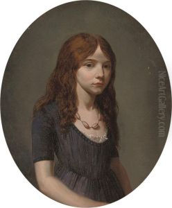 Portrait Of A Girl, Half-length, In A Blue Dress, Wearing A Rosequartz Necklace by Francois Duval