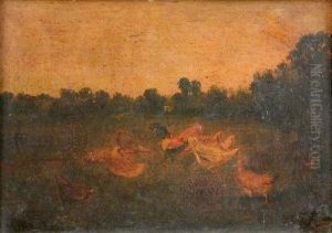 Study Of Chickens In A Farmyard Landscape by J.C.A. Duval