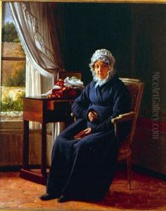 Portrait Dune Femme En Robe Bleuassise A Son Ouvrage