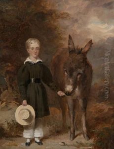 Boy With A Straw Hat Feeding A Donkey