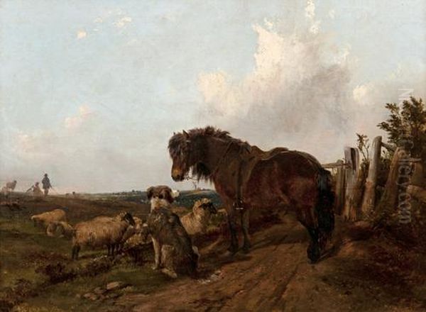 Bay Pony, Sheepdog And Flock On A Moor With Figures Beyond - view 1