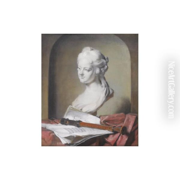 Nature Morte Au Buste De Femme En Marbre, Flute Et Partition, Dans Une Niche - view 1