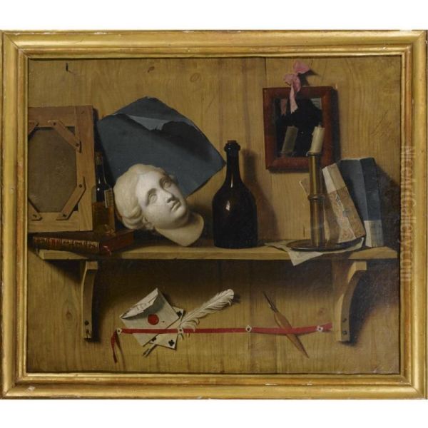 A Still Life With A Plaster Head, A Bottle, A Candle And Several Other Objects On A Wooden Shelf - view 1