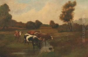 Cows Grazing By Waterside by Henri-Joseph Duwee