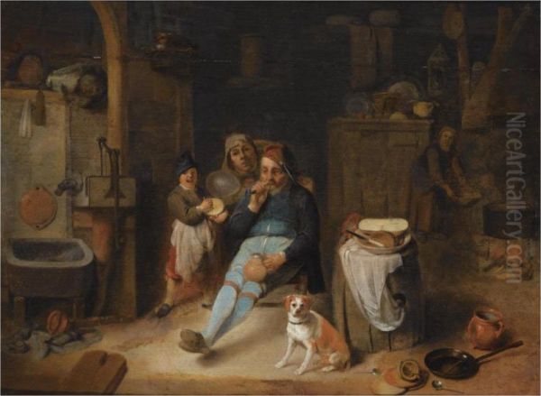 A Barn Interior With A Peasant Seated Holding A Jug, A Young Boyholding A Rumbling-pot, Other Figures, And A Dog Next To Kitchenutensils In The Foreground - view 1