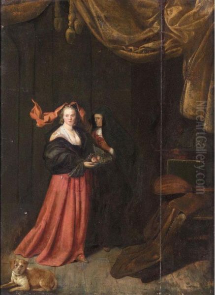 An Interior With A Young Lady Holding A Plate Of Fruit Together With An Elderly Lady And A Dog Resting In The Foreground - view 1