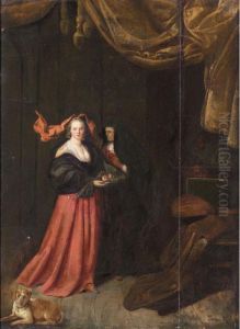 An Interior With A Young Lady Holding A Plate Of Fruit Together With An Elderly Lady And A Dog Resting In The Foreground by Pieter Jacobsz. Duyfhuysen