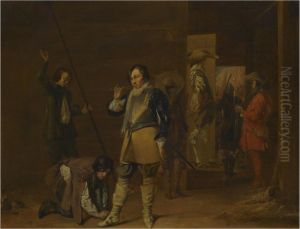 An Interior With Cavaliers Preparing For Battle