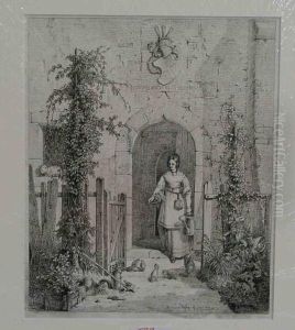 Junge Frau Mit Gieskanne Vor Dem Haus by Hermann Dyck