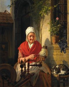 Alte Frau Am Spinnrad by Josephus Laurentius Dyckmans