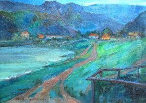 Village By A River In A Mountain Landscape At Dusk by Konstantin V. Dydyshko