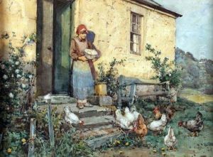 Girl Feeding Chickens Before A Cottage by Robert Eadie