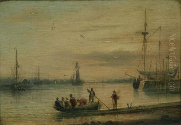 Figures In Harbour With Snow Falling Signed And Dated 1808 7 X 10in - view 1