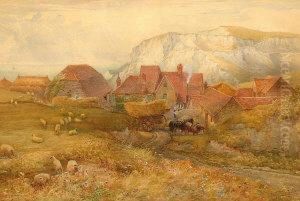 Country Village Scene With Horse And Cart And Sheep
