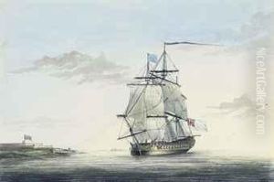 A Royal Navy Two-decker Off A Fortified Headland