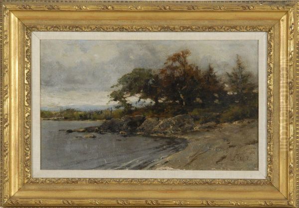 Lakeshore Landscape With Rocks, Trees,
And Distant Hills - view 1