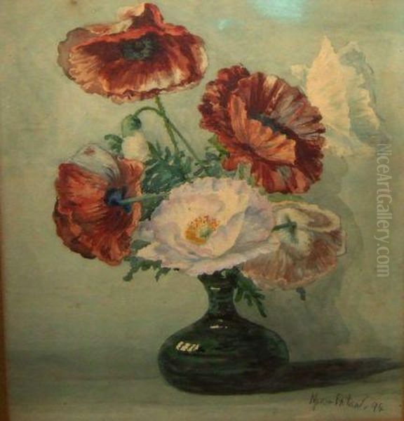 Still Life Study Ofmixed Poppies In A Green Glass - view 1