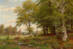 Bewaldete Landschaft Mit Einempferdefuhrwerk