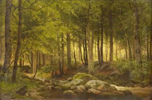 Spielende Kinder Am Waldbach. by Fritz Ebel