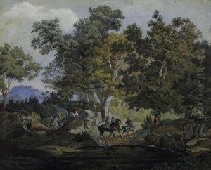 Group Of Riders In An Oak Forest. Signed And Dated Bottom Right: 18 F.e. 57 by Fritz Ebel