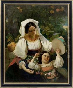 Italienerin Mit Ihrer Tochter Beim Tamburinspiel by Josef Eberl