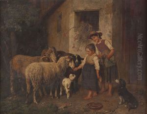 Bauernmadchen Mit Schafen Auf Dem Hof by Adolf Eberle