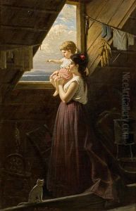 Mutter Mit Kind Am Fenster by Anton Ebert