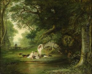 Waldlandschaft Mit Badenden Madchen by Carl Ebert