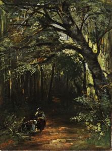 Waldweg Mit Zwei Pilze Sammelnden Frauen by Carl Ebert