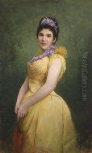 Lady In Yellow Dress With Lilac In Her Hair by Adolf Echtler