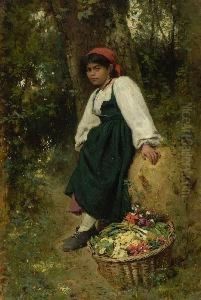 Rastendes Madchen Mit Gemusekorb. by Adolf Echtler