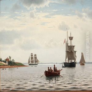 Coastal View With Sailing Ships And A Rowing Boat by Christian Eckardt