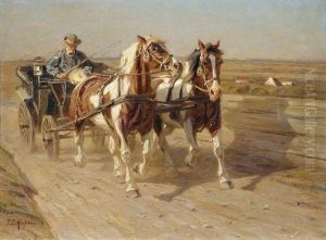 Zwei Schecken Mit Kutsche by Friedrich Eckenfelder