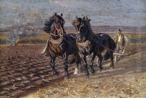 Two Black Horses Ploughing by Friedrich Eckenfelder