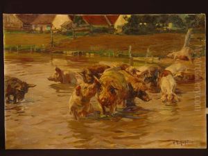 Schweine Im Dorfweiher by Friedrich Eckenfelder