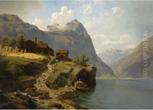 Mennesker I Fjellandskap (figures In A Mountainous River Landscape) by Johan Frederick Eckersberg