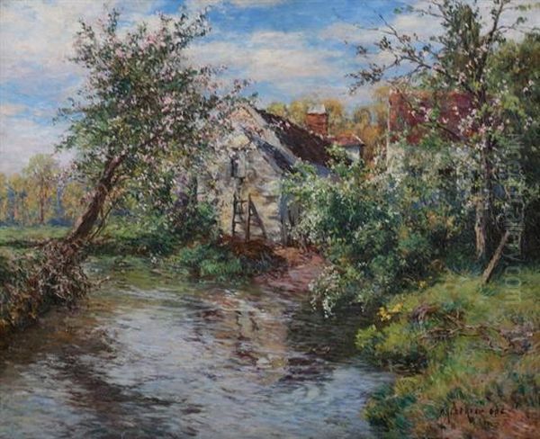 Spring Apple Blossoms Along Stream With House - view 1
