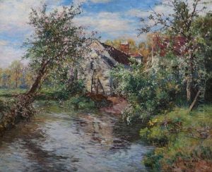 Spring Apple Blossoms Along Stream With House
