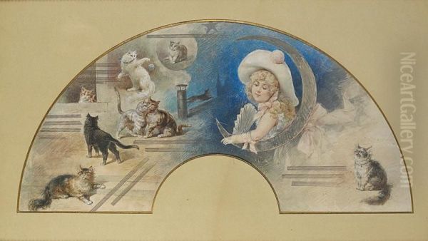 Femme Au Croissant De Lune Et Chats (projet D'eventail). - view 1