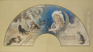 Femme Au Croissant De Lune Et Chats (projet D'eventail). by Edmund Edel