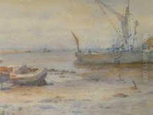 Fishing Boats In An Estuary At Low Tide by William Eden