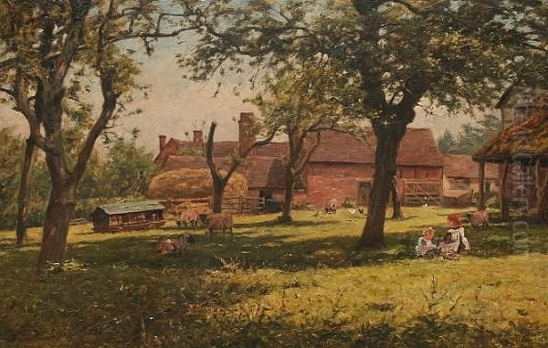Children Seated In An Orchard, With Sheep And Chickens Before A Farmstead - view 1