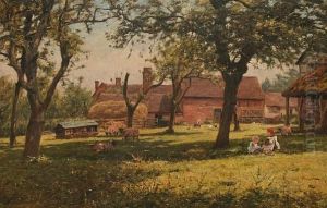Children Seated In An Orchard, With Sheep And Chickens Before A Farmstead by William Eden
