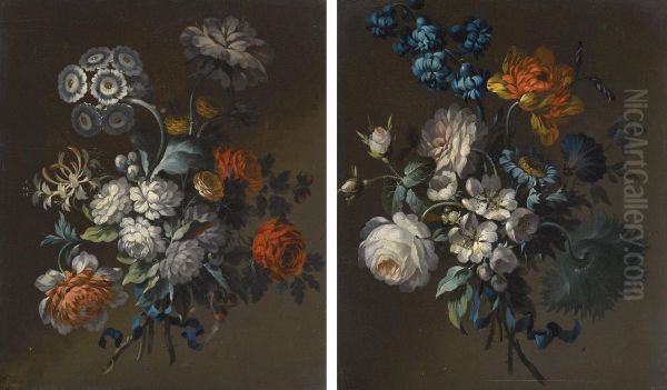 A Pair Of Still Lifes, Each With Posies Of Roses, Polyanthus And Other Flowers, Tied With Blue Ribbons - view 1