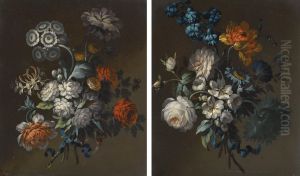 A Pair Of Still Lifes, Each With Posies Of Roses, Polyanthus And Other Flowers, Tied With Blue Ribbons by A.C. Edwards