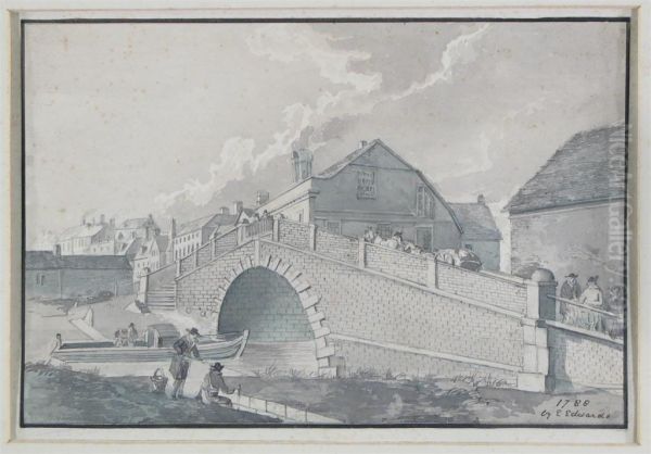 Figures On A Bridge And Fishing In A River In A Town - view 1