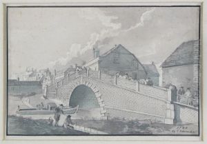 Figures On A Bridge And Fishing In A River In A Town by Edward Edwards